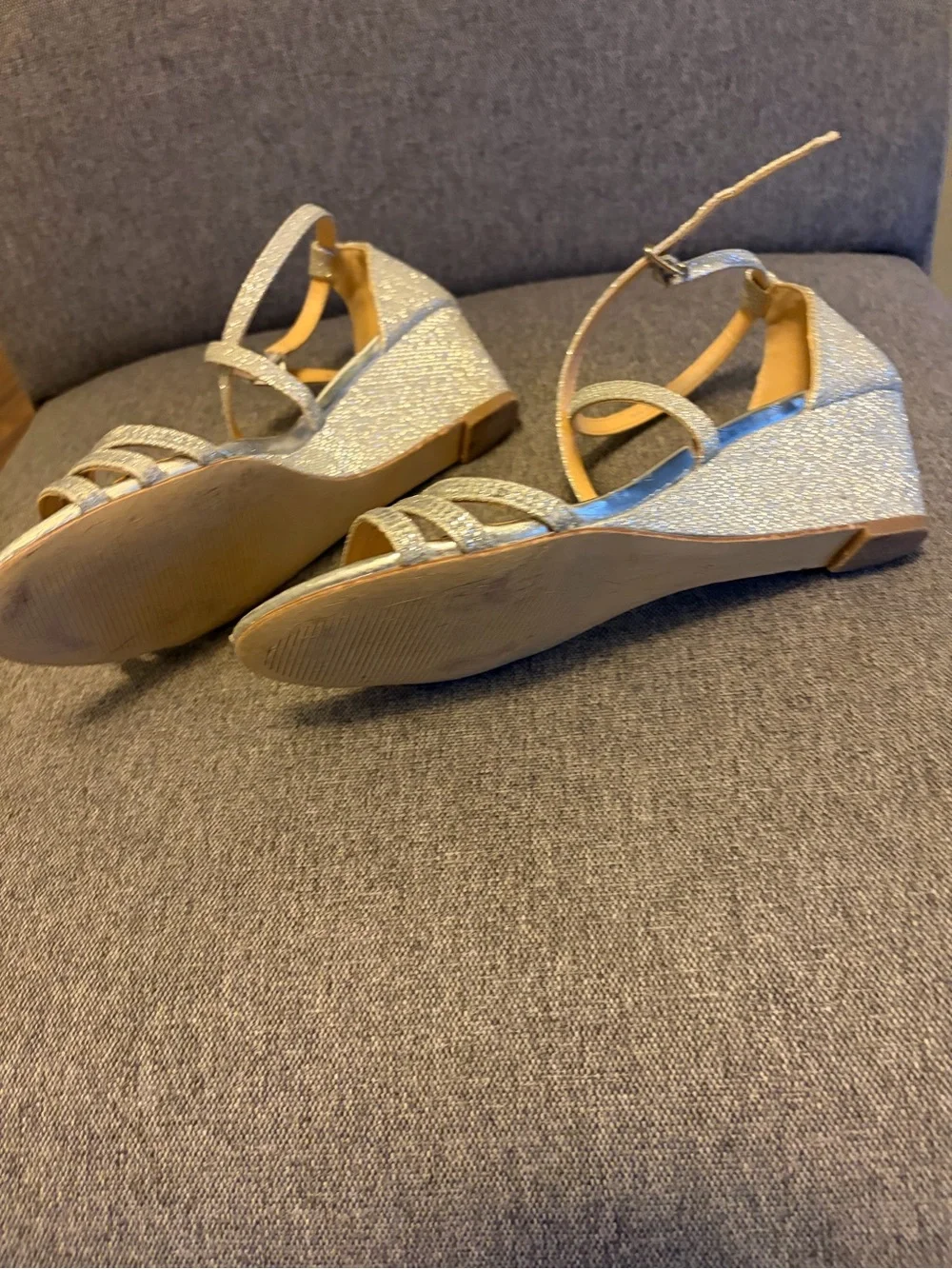 Badgley Mischka Silver Metallic Strappy Wedge Sandals